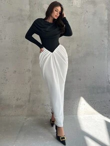 Firerie Women's Black & White Contrast Pleated Long Sleeve Waist Cinched Dress, Elegant Commuter Dress For Daily, Spring/Autumn/Winter, Suitable For Commute, Date, Party, Wedding, Graduation, Performance, Work, Anniversary, Birthday,Elegant And Luxurious Black And White Contrast Stitching Off-The-Shoulder Ruffled Fishtail Hem Formal Evening Dress - Black and White - View 4