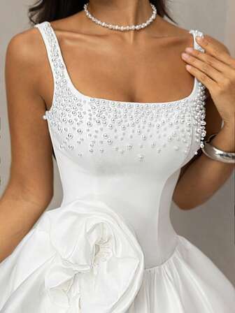 Vowa Elegant White Satin Wide Strap Handcrafted Beaded Basque Low Waist 3D Rose Peplum Hem Bridal Shower Dress, Fluffy A-Line Skirt, Mini Sexy Short Skirt, Suitable For Vacation, Date, Birthday, Bachelorette Party, Graduation Ceremony, Homecoming, Wedding Events, Shopping, Afternoon Tea, Prom, Bridal Shower, Formal Dress, Bridal, Graduation, Ladies Graduation Dress, Homecoming Dress