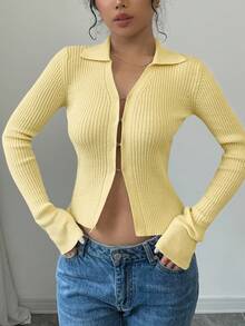 Elenzga Áo khoác cardigan dệt kim ôm sát cổ bẻ tay loe màu trơn dành cho nữ - Màu vàng - Xem 3