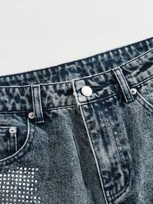 ROMWE MEN Street Life Men's Fashion Washed Distressed Rhinestone Embellished Jeans - Blue - View 4