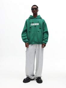 SUMWON Distressed Ripped Design Streetwear Hoodie With Centre Pocket Oversized Casual Pullover Sweatshirt Winter Fall Layer - Green - View 3
