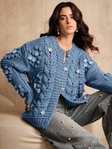 Anewsta 秋冬新款手工纹理钩针针织开衫女款 - 藍色 - 查看 5