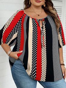 SHEIN CURVE+ 大码休闲度假撞色条纹衬衫，适合夏季/乡村/海滩度假 - 彩色 - 查看 1