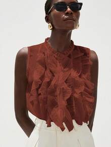 Aveloria Modichic 优雅浪漫百搭法式女式无袖衬衫，白色纹理褶皱透明分层荷叶边领口设计 - 棕色 - 查看 4