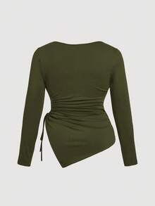 SHEIN MOD 加大码不对称下摆抽绳舒适日常斜领长袖T恤 - 軍綠色 - 查看 2