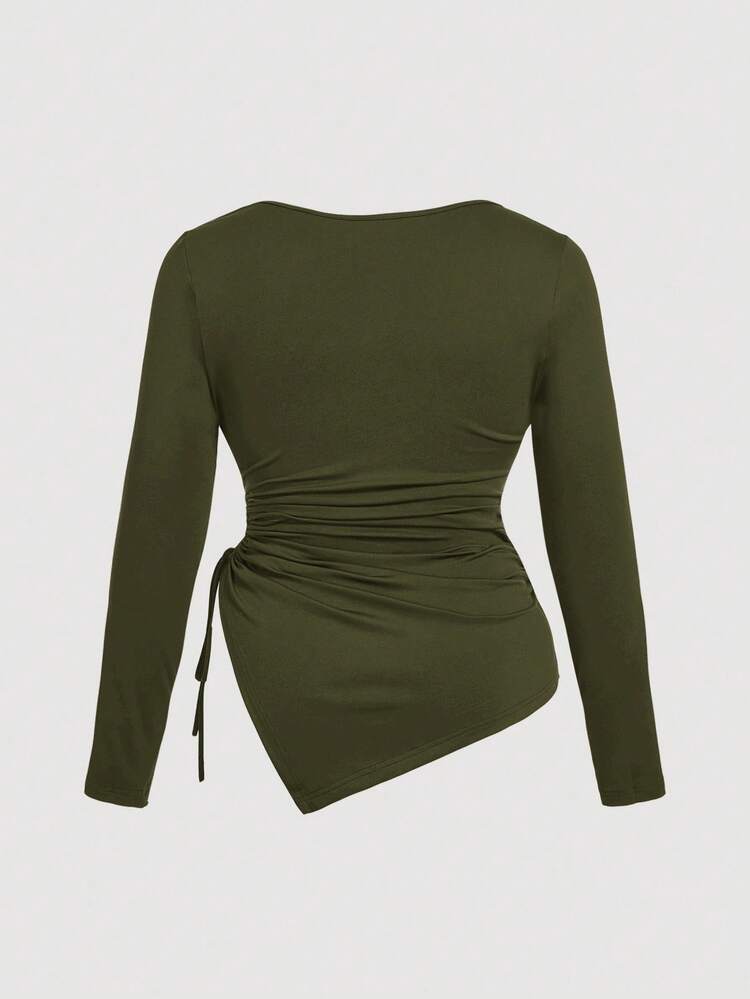 SHEIN MOD 加大码不对称下摆抽绳舒适日常斜领长袖T恤 - 軍綠色 - 查看 2