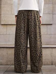 SWAVVY Men's Casual Fashion Street Corduroy Leopard Print Drawstring Waist Loose Wide Leg Pants, Fall/Winter