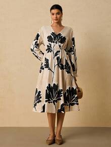 SHEIN VCAY Plus Size Women Floral Print V-Neck Long Sleeve Casual Dress Long Sleeve Summer Dresses Motif Women Dresses Floral Print Dress Women - Apricot - View 1