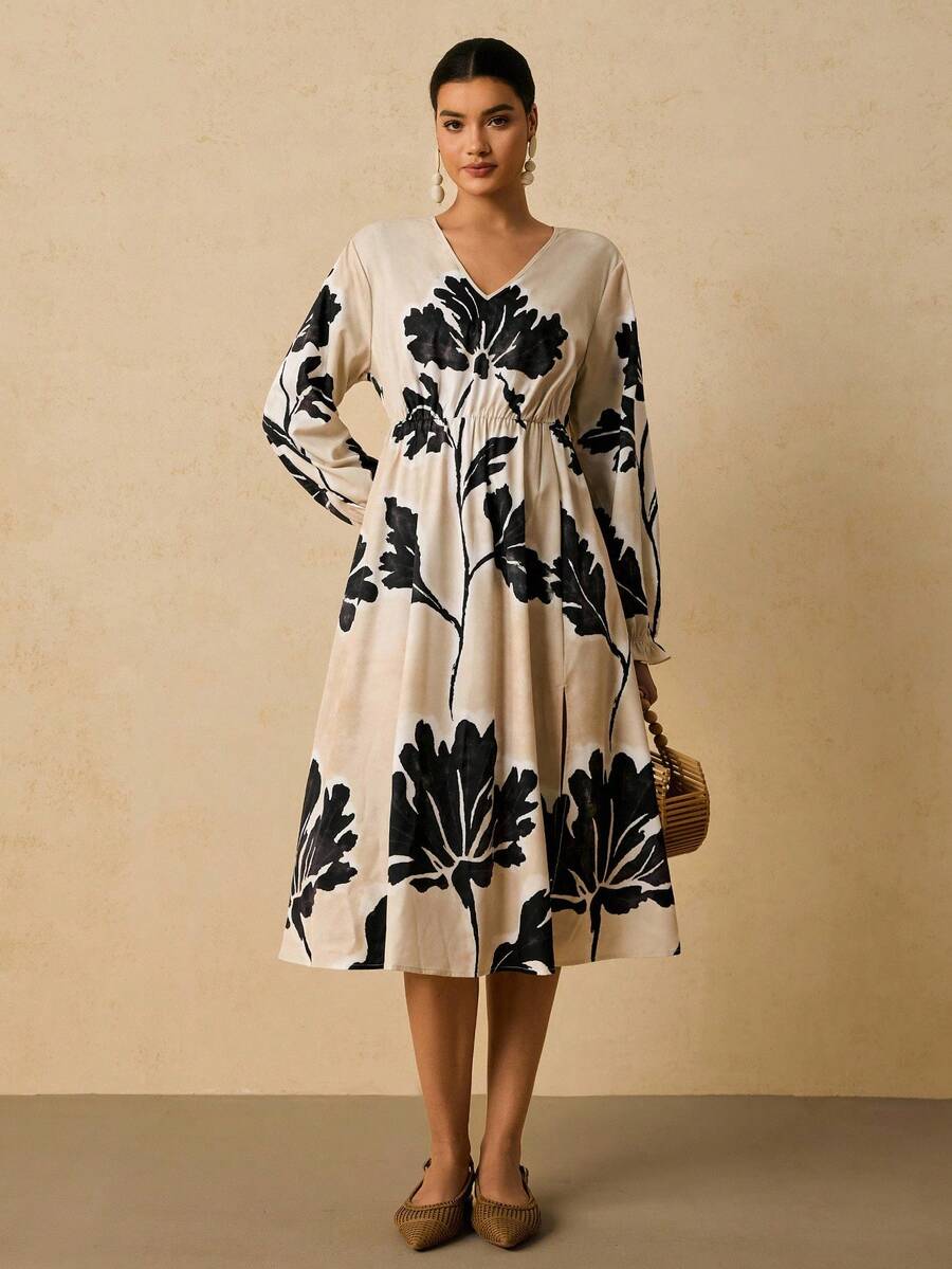 SHEIN VCAY Plus Size Women Floral Print V-Neck Long Sleeve Casual Dress Long Sleeve Summer Dresses Motif Women Dresses Floral Print Dress Women - Apricot - View 1