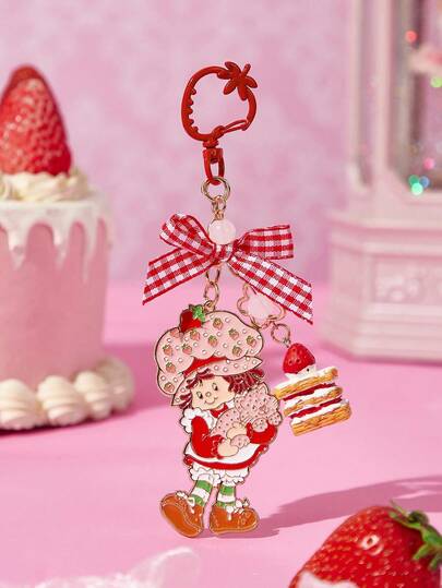 Strawberry Shortcake X SHEIN Fashionable & Sweet Cute Strawberry Cake Checkered Bow Zinc Alloy Keychain Bag Pendant Charm Commemorative Collection Gift Gold Keyring,Gift Ideas
