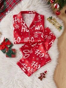Winter  2pcs/Set Teen GirlSnowflake Print Long Sleeve Cardigan And Casual Pants Comfortable Loungewear Red Christmas Pajama Set - Red - View 7