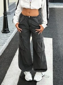 SHEIN EZwear Pantalon cargo en denim ample à taille élastique pour femmes - Gris foncé - Voir 3