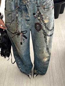 StreetHx 链条印花前开牛仔连体裤，街头风格 - 中等水洗藍 - 查看 5