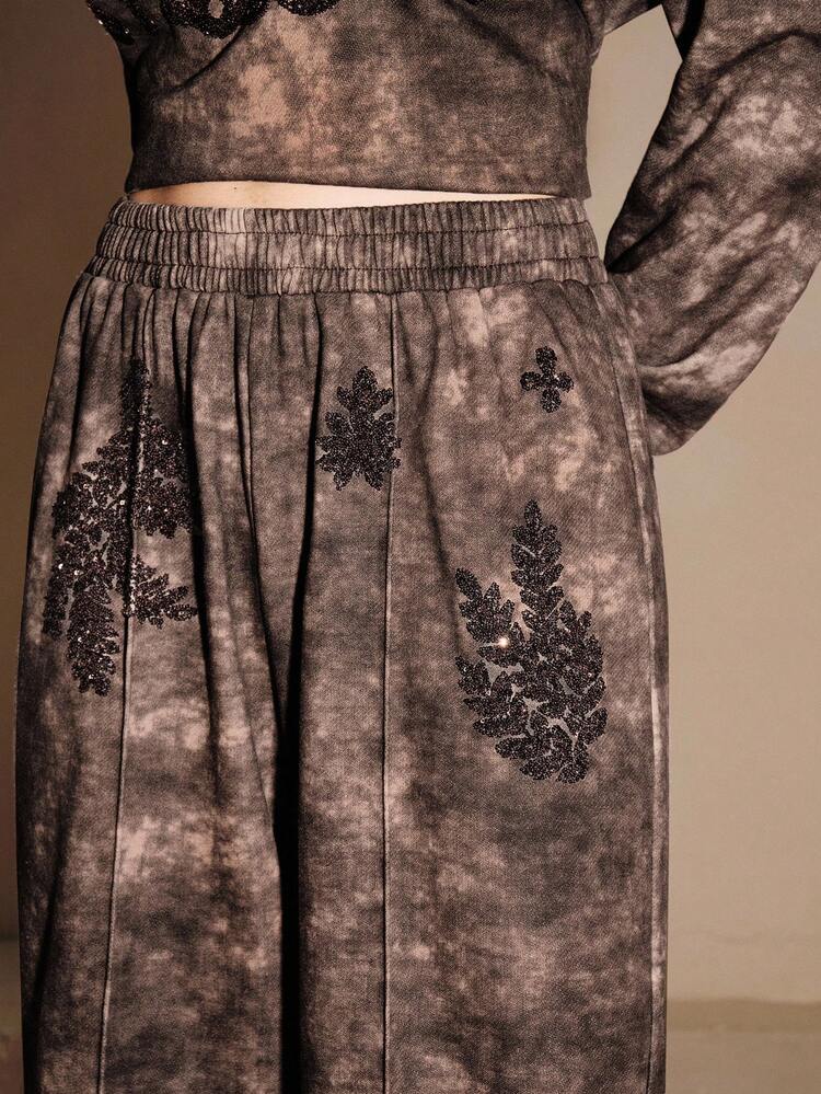 Women's Vintage Distressed Sequin Embroidered Sweatpants, Suitable For Autumn, Fall, Winter, Going Out, Elegant, Formal, Party, Chic, New Year, Christmas, Work