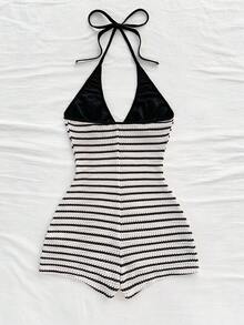 Soleia 女士休闲度假新款 V 领露背系带蝴蝶结镂空黑白撞色修身罗纹连体裤，适合派对、约会、下午茶、海滩 - 黑與白 - 查看 2