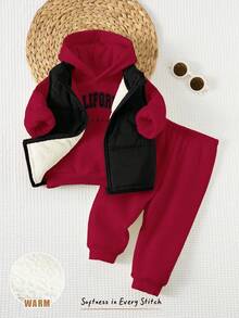 Cozy Pixies Conjunto de 3 piezas para bebé niño con sudadera con capucha de punto suave con estampado de letras minimalista, pantalones de cintura elástica y chaleco acolchado sin mangas