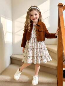 SHEIN Elladie kids 2pcs Girls Fashionable Suit Collar Long Sleeve Jacket Paired With Elastic Waist A-Line Floral Print Slip Dress Set, Suitable For Casual, Holiday Wear, Spring/Autumn Toddler Girl Fall Outfits 2 Piece Toddler Girl Outfits Baby Girl Corduroy Jacket Kids Corduroy Jacket Toddler Girl Corduroy Jacket Winter - Brown - View 3