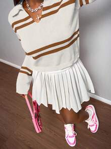 Slaydiva Áo len chui đầu cổ chữ V kẻ sọc thường ngày dành cho nữ, Thu/Đông - Màu be - Xem 7