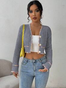 EMERY ROSE Damen elegante einreihige Strickjacke, Drop-Shoulder, Langarm und Crop-Schnitt - Hellgrau - Übersicht 4