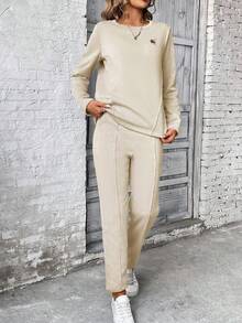 SHEIN PETITE 2 piezas Conjunto de sudadera y pantalones de mujer de manga larga, parte superior tipo pullover y pantalones con cintura elástica y cordón - Albaricoque - Ver 5