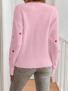 EMERY ROSE Women's Casual Loose V-Neck Drop Shoulder Long Sleeve Heart Pattern Sweater, Autumn/Winter - Baby Pink - View 2