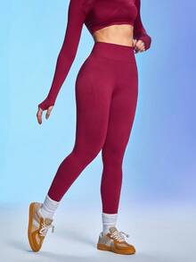 SHEIN Dewbera Women's Seamless Solid Color High Waist Tummy Control Letter Print Leggings Burgundy Leggings Spandex Leggings Yoga Pants - Burgundy - View 4