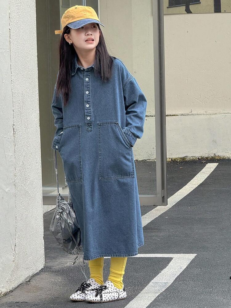 Girls Denim Collared Long Sleeve Dress