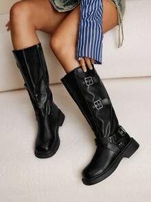 Daringsoles Giày bốt cao đến giữa bắp chân màu đen thời trang dành cho nữ - màu đen - Xem 4