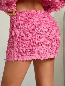 SHEIN BAE 秋冬纯色粉红玫瑰3D花朵装饰女式低腰迷你裙，优雅秋季3D花朵裙 - 粉色 - 查看 2
