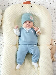 SHEIN Bộ 2 món quần nỉ và áo nỉ màu xanh cho bé trai/bé gái mặc thường ngày phong cách sinh viên, phù hợp mặc trong nhà và ngoài trời vào mùa thu/đông - Màu xanh lam - Xem 3