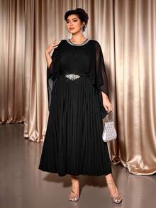 Cravure 大码女式优雅奢华派对连衣裙，配有腰带、水钻装饰、金属饰边、褶皱连衣裙、女士万圣节服装 - 黑色 - 查看 8