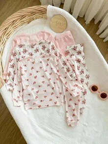 6 件套可爱女婴休闲简约花卉印花圆领紧身长袖长裤多件套，适合女婴衣服，生日派对、晚会、表演、婚礼、洗礼、开幕式、日常穿着、居家、旅行、秋冬季服装套装 - 彩色 - 查看 4