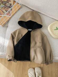 SHEIN 1 chiếc áo khoác nỉ dài tay trễ vai màu trơn cho bé gái, mùa thu/đông - Màu Khaki - Xem 4