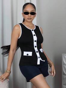 Melissa Matos Top de mujer de tirantes elástico y ajustado de color contrastante