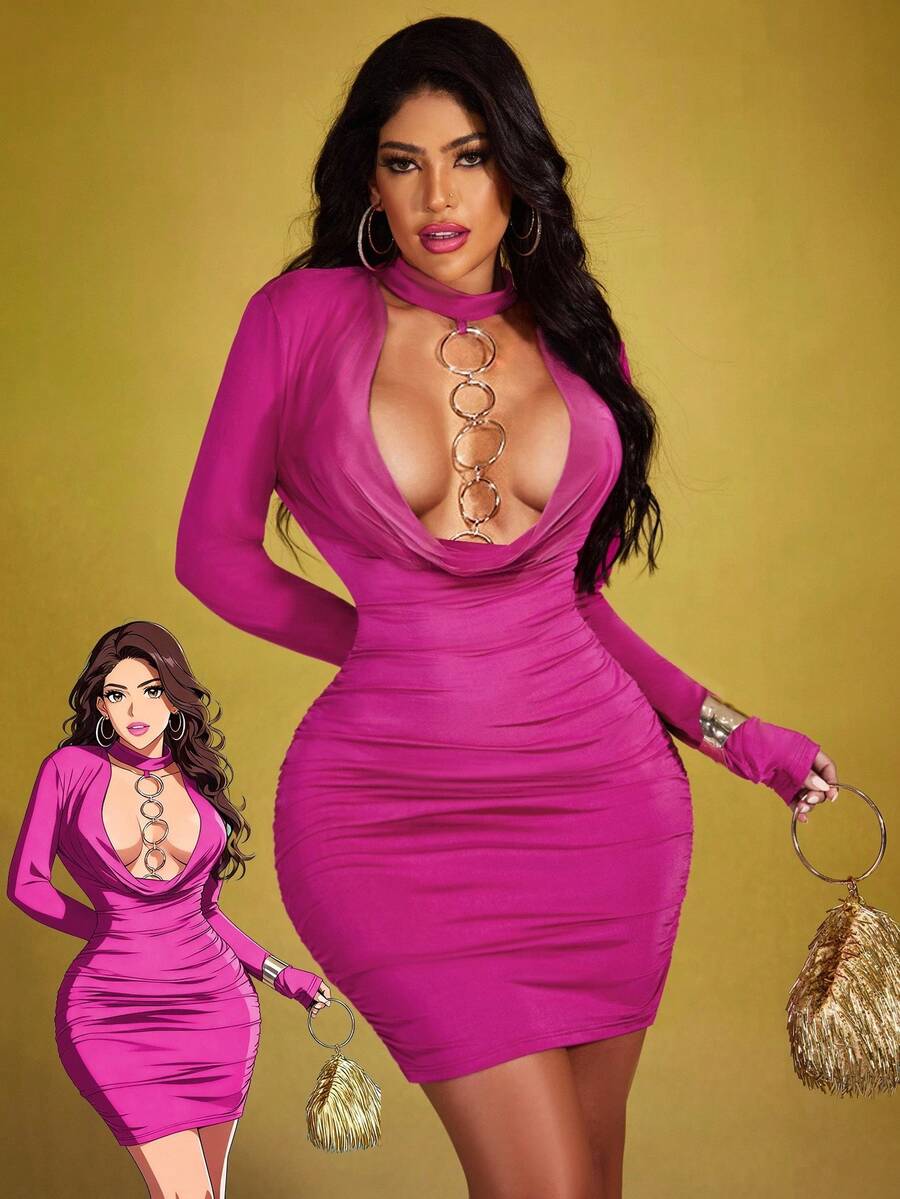 INAWLY Vestido de manga larga ajustado con drapeado y fruncido de unicolor - Rosa Fucsia - Ver 1