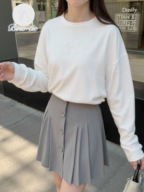 Teenage Girls' Spring & Autumn New Casual Fashion Simple T-Shirt, Minimalist Design With 3D Bow Embossed Pattern, White Solid Color Knit Fabric, Long Sleeve Dropped Shoulder Loose Fit T-Shirt, Suitable For Teens Daily Casual, Back To School, Commuting, Outings, Parties, Photo Shoots Fall Winter