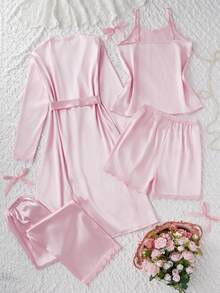 4件套少女简约休闲上衣、吊带背心、裤子、短裤睡衣套装，粉色 - 粉色 - 查看 2