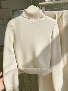 Franclia 2 件套：宽松纯色圆领休闲羊毛运动衫上衣配松紧腰裤 - 杏色 - 查看 4