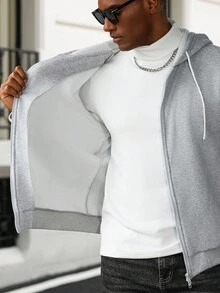 Manfinity Homme 纯色保暖内衬拉链连帽卫衣 卫衣，秋冬 - 灰色 - 查看 5