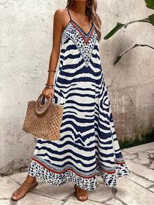 Breezaya 女式豹纹宽松长款吊带裙，优雅适合日常穿着和度假穿着，夏季 - 藏蓝色 - 查看 4