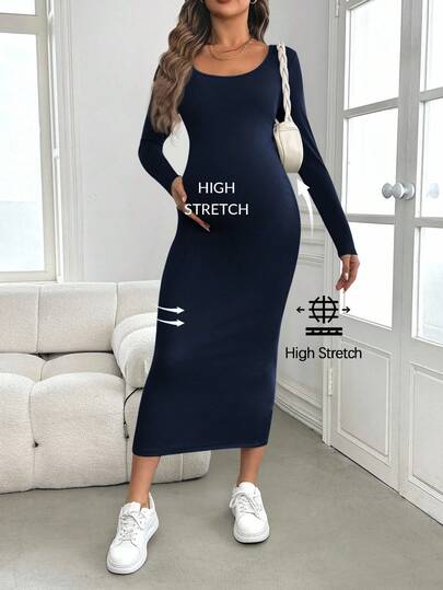 SHEIN Maternity Long Sleeve Bodycon Dress, Green, Suitable For Baby Shower, Autumn/Winter Long Sleeve Maternity Dress High Stretch Dress Long Bodycon Dress Long Tight Dress Long Sleeve Dress