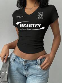 Attitoon 女士休闲V领褶皱T恤，适合夏季 - 黑色 - 查看 6