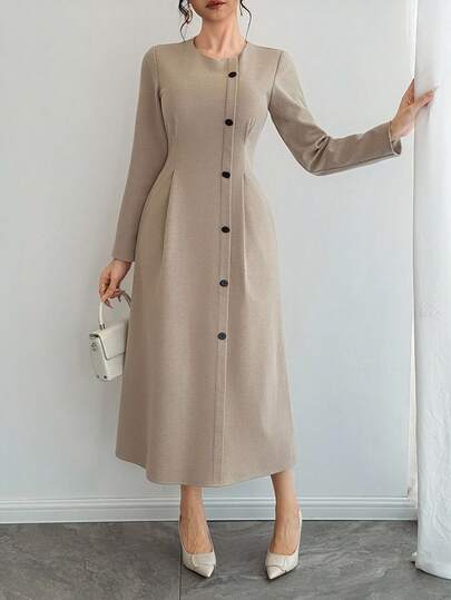 DAZY 女士优雅纯色收腰中长连衣裙，适合通勤穿着