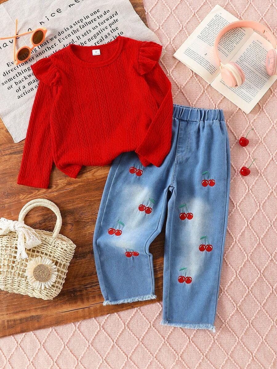 Bộ 2 món/Bộ áo thun dài tay thêu họa tiết quả anh đào dễ thương cho bé gái và quần jeans denim rách, phù hợp mặc thường ngày, đi học, ngày lễ, trở lại trường - Đỏ - Xem 1
