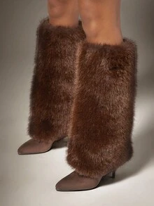 SHUZIA Giày bốt cao gót đế nhọn, lông giả màu rám nắng quyến rũ dành cho nữ, giày lười cao đến đầu gối, giày ngày lễ ấm áp mùa thu đông - màu nâu - Xem 2