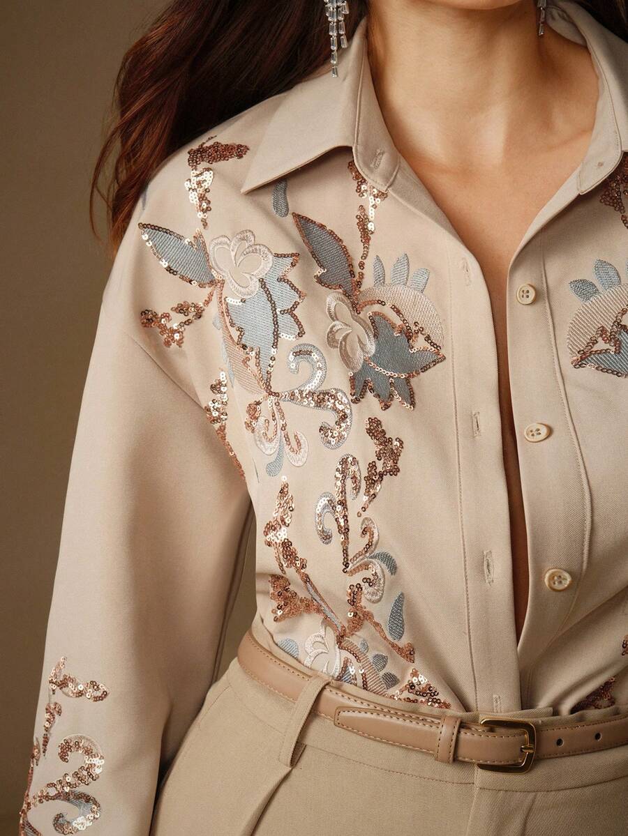 Anewsta 秋季时尚商务休闲女式亮片装饰衬衫 - 杏色 - 查看 1