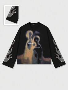 ROMWE MEN Street Life Men's Blurred Portrait Print Long Sleeve T-Shirt, Loose Cropped Fit, For Fall, 2000s Style - Black - View 1