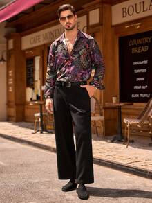 HIMLAND Men Casual Paisley Pattern Digital Print Button-Down Long Sleeve Shirt, Boho 70s Retro Style Shirt, Ideal For The Artistic Soul, Fall