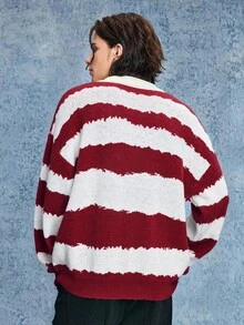 ROMWE MEN Men's Casual Prep Letter & Striped Drop Shoulder Long Sleeve Polo Neck Sweater, Autumn - Burgundy - View 2