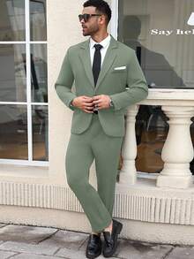 Manfinity Mode Plus Size Men's Lapel NeckLong Sleeve Jacket And Pants Business Suit Set - Mint Green - View 5